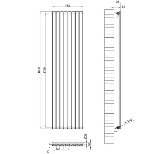 Вертикальний дизайнерський радіатор опалення Artti Terni 8/1800/472 сірий матовий
