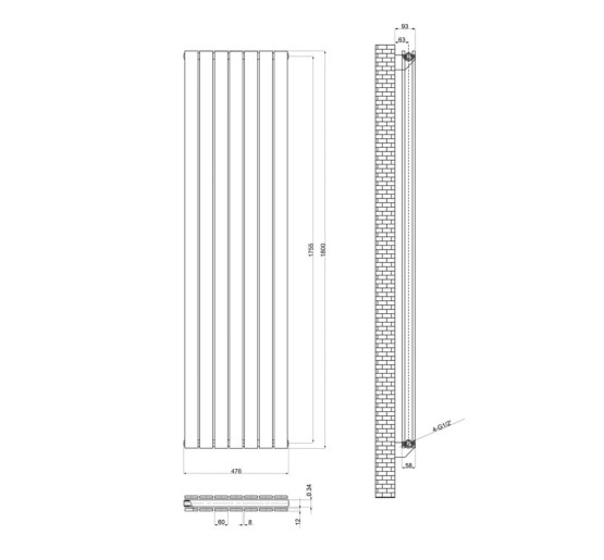 Вертикальний дизайнерський радіатор опалення ARTTIDESIGN Livorno II 7/1800/476 чорний мат