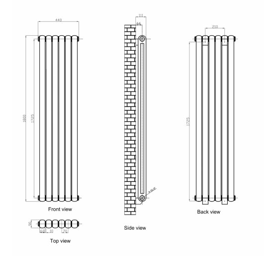 Вертикальний дизайнерський радіатор опалення ARTTIDESIGN Verona 6/1800/440 чорний матовий