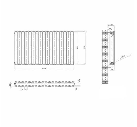 Горизонтальный дизайнерский радиатор опалення ARTTIDESIGN Rimini II G 17/550/1003 белый матовый