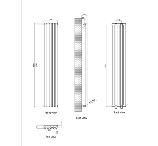 Вертикальный дизайнерский радиатор отопления ARTTIDESIGN Matera 5/1800/295 чёрный матовий