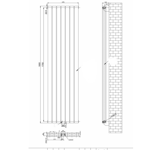 Вертикальний дизайнерський радіатор опалення ARTTIDESIGN Livorno II 7/1800/476 сірий матовий