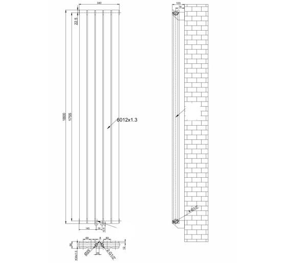 Вертикальний дизайнерський радіатор опалення ARTTIDESIGN Livorno II 5/1800/340/50 білий матовий