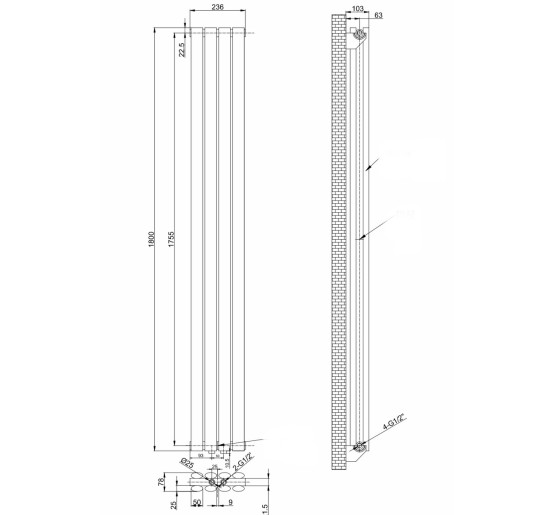 Вертикальный дизайнерский радиатор отопления ARTTIDESIGN Rimini II 4/1800/236/50 серый матовый