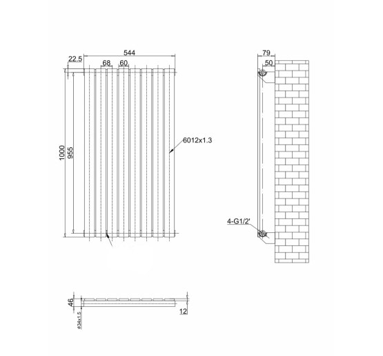 Дизайнерський вертикальний радіатор опалення ARTTIDESIGN Livorno 8/1000/544 сірий матовий.