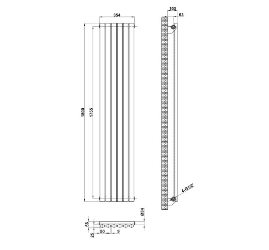 Вертикальний дизайнерський радіатор опалення ARTTIDESIGN Rimini 6/1800/354/50 чорний матовий
