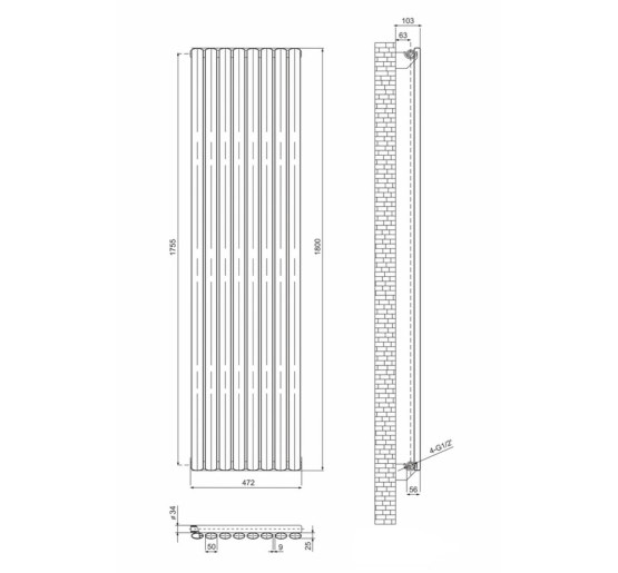 Дизайнерський вертикальний радіатор опалення ARTTIDESIGN Rimini 8/1800/472 чорний матовий
