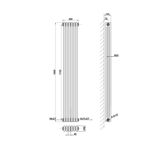 Вертикальний дизайнерський радіатор опалення ARTTIDESIGN Bari II 6/1800/290 білий матовий