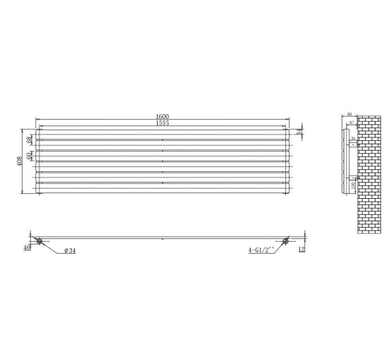 Горизонтальный дизайнерский радиатор отопления ARTTIDESIGN Livorno G 6/408/1600 чорний матовый