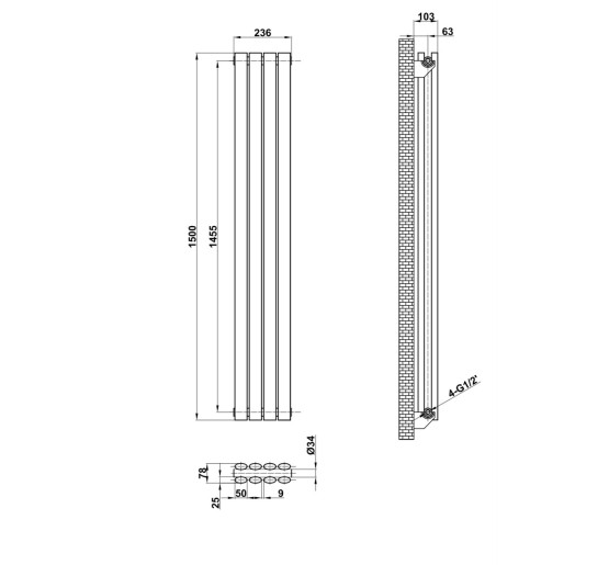 Вертикальный дизайнерский радиатор отопления ARTTIDESIGN Rimini II 4/1500/236/50 чёрный матовый