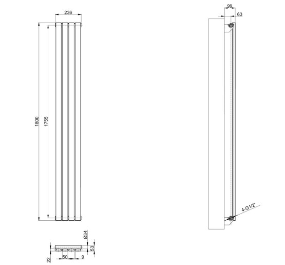 Вертикальний дизайнерський радіатор опалення ARTTIDESIGN Terni 4/1800/236 білий матовий