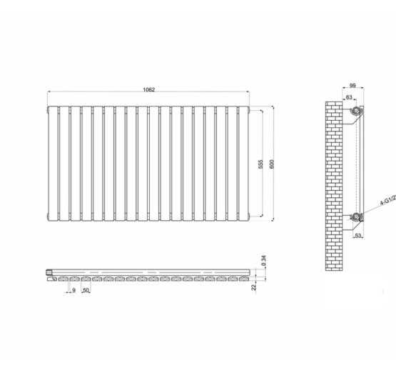 Горизонтальний дизайнерський радіатор опалення ARTTIDESIGN Terni G 18/600/1062 чорний матовий
