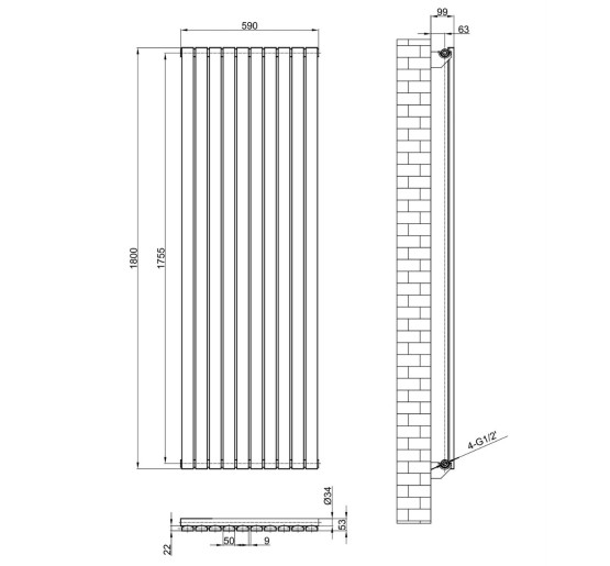 Вертикальний дизайнерський радіатор опалення ARTTIDESIGN Terni 10/1800/590 білий матовий