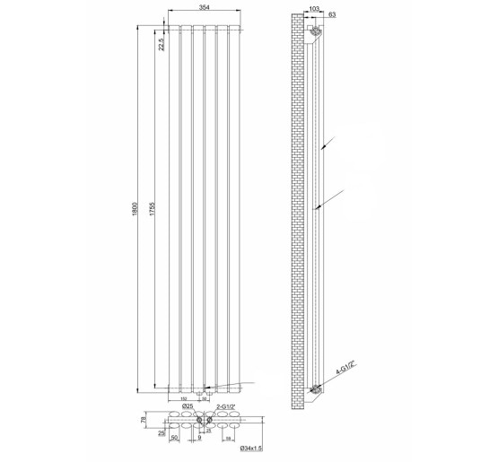 Вертикальний дизайнерський радіатор опалення ARTTIDESIGN Rimini II 6/1800/354/50 сірий матовий