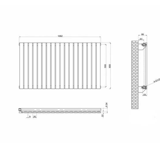 Горизонтальний дизайнерський радіатор опалення ARTTIDESIGN Terni G 18/600/1062 білий матовий