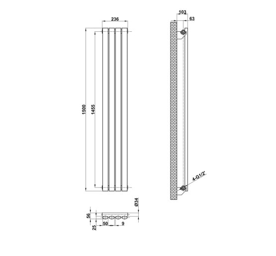 Вертикальний дизайнерський радіатор опалення ARTTIDESIGN Rimini 4/1500/236 сірий матовий