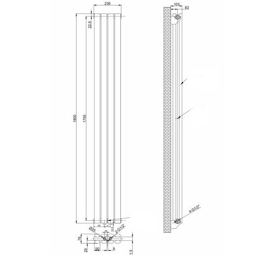 Вертикальний дизайнерський радіатор опалення ARTTIDESIGN Rimini II 4/1800/236/50 чорний матовий