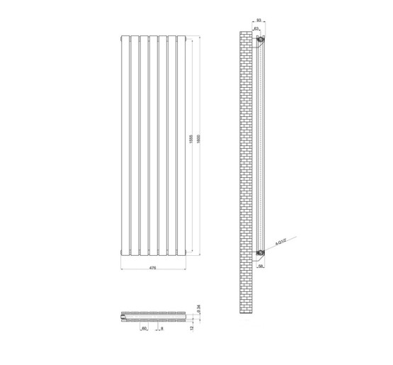 Вертикальний дизайнерський радіатор опалення ARTTIDESIGN Livorno II 7/1600/476/50 сірий матовий
