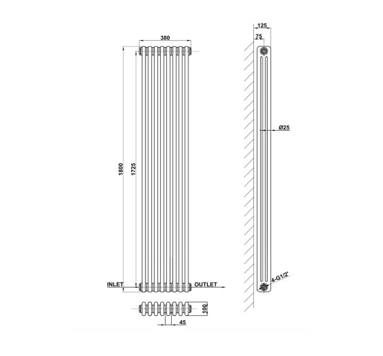 Вертикальний дизайнерський радіатор опалення ARTTIDESIGN Bari II 8/1800/380 чорний матовий