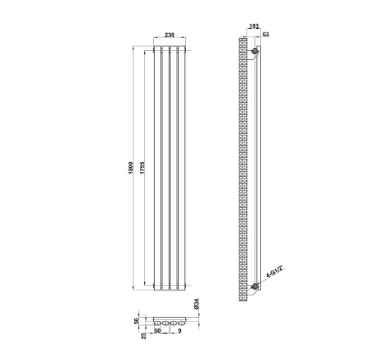 Вертикальный дизайнерский радиатор отопления ARTTIDESIGN Rimini 4/1800/236 белый матовий