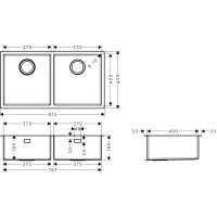 Кухонна мийка Hansgrohe S719-U765 під стільницю 815х450 на дві чаші 370/370 (43430800) Stainless Steel