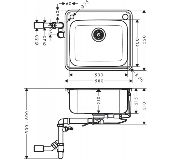 Кухонна мийка Hansgrohe S412-F500 на стільницю 580х520 з сифоном automatic (43336800) Stainless Steel