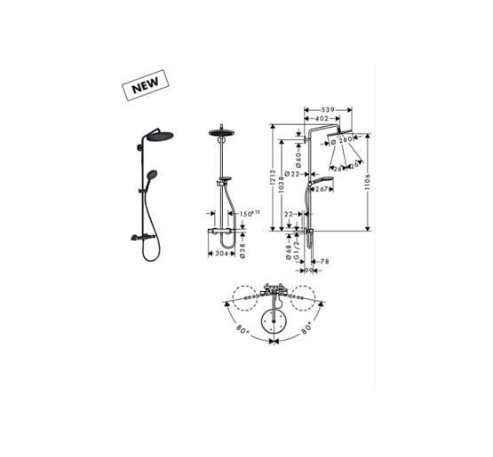 Душевая система Hansgrohe Croma Select S 280 1jet Showerpipe с термостатом Matt Black (26890670)