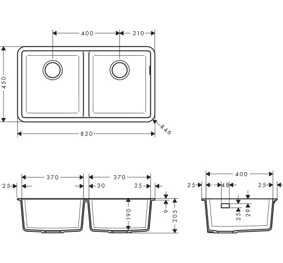 Кухонна мийка Hansgrohe S510-U770 під стільницю 820х450 на дві чаші 370/370 Concretegrey (43434380)