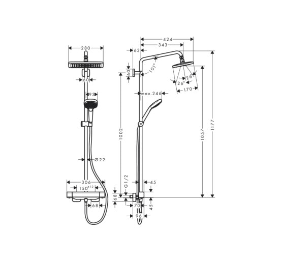 Душевая система Hansgrohe Croma E Showerpipe 280 1jet с термостатом (27630000)