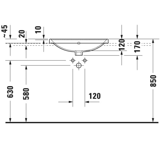 Умывальник встроенный Duravit D-NEO сверху 60х44 см с отверстием под смеситель (0357600027)