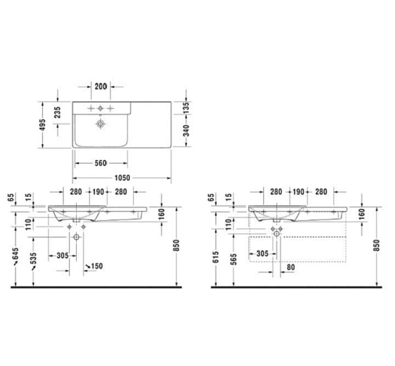 Умывальник мебельный ассиметричный Duravit P3 COMFORTS 105х49.5 см чаша слева (2333100000)