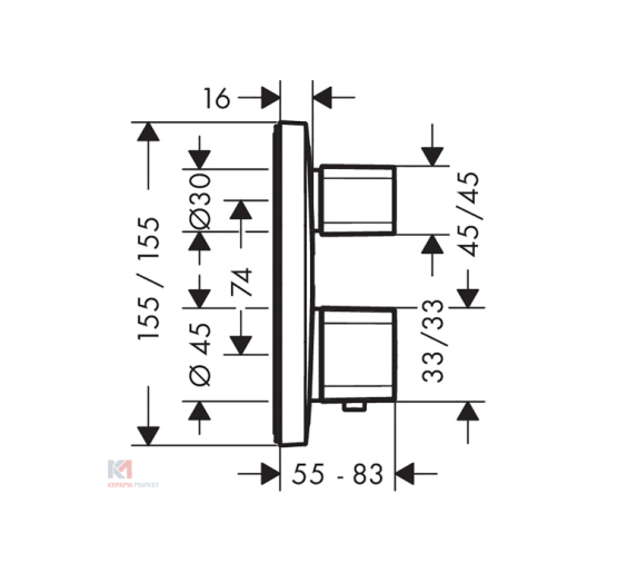 Термостат скрытого монтажа Hansgrohe Ecostat E запорно-переключающим вентилем с двумя режимами (15708000)