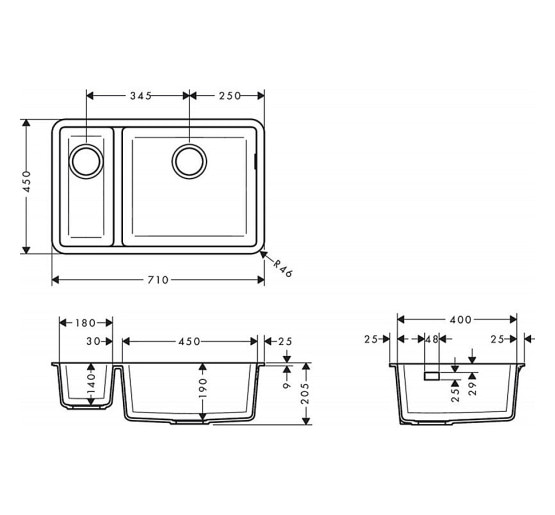 Кухонна мийка Hansgrohe S510-U635 під стільницю 710х450 дві чаші 180/450 Graphiteblack (43433170)