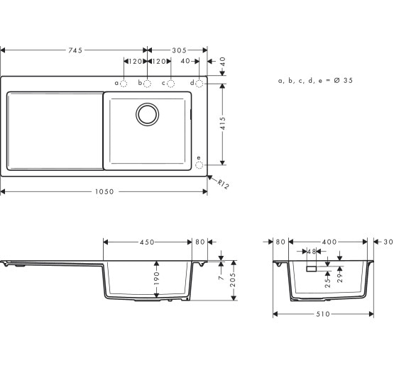 Кухонна мийка Hansgrohe S514-F450 1050х415 полиця з ліва Concretegrey (43314380)