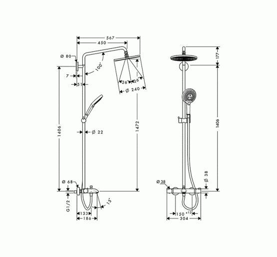 Душевая система Hansgrohe Raindance S 240 1Jet с термостатом для ванны Showerpipe (27117000)