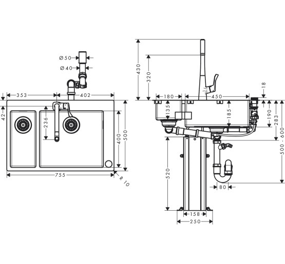 Кухонная мойка Hansgrohe C71-F655-04 755х500 Сомби со смесителем на две чаши 180/450 (43210800) Stainless Steel