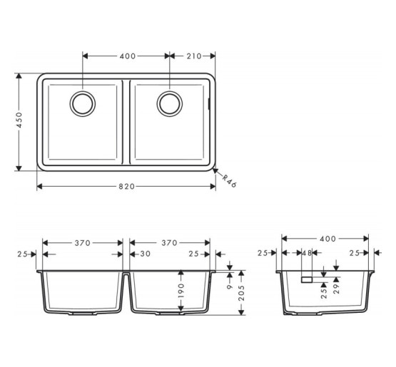 Кухонна мийка Hansgrohe S510-U770 під стільницю 820х450 на дві чаші 370/370 Graphiteblack (43434170)