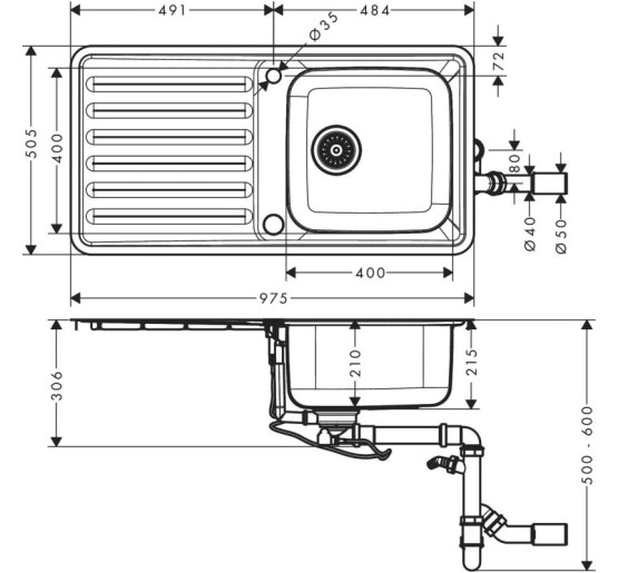 Кухонна мийка Hansgrohe S4113-F400 на стільницю 975х505 з сифоном automatic (43338800) Stainless Steel