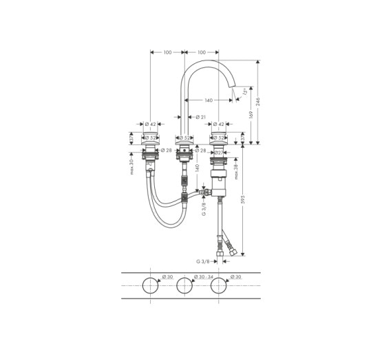 Змішувач Axor One Select 170 для умивальника на 3 отвори з донним клапаном push-open Brushed Bronze (48070140)
