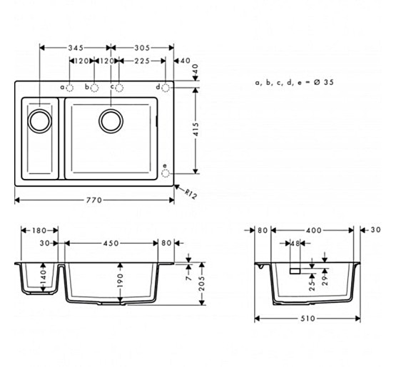 Кухонна мийка Hansgrohe S510-F635 770х510 на дві чаші 180/450 Graphiteblack (43315170)