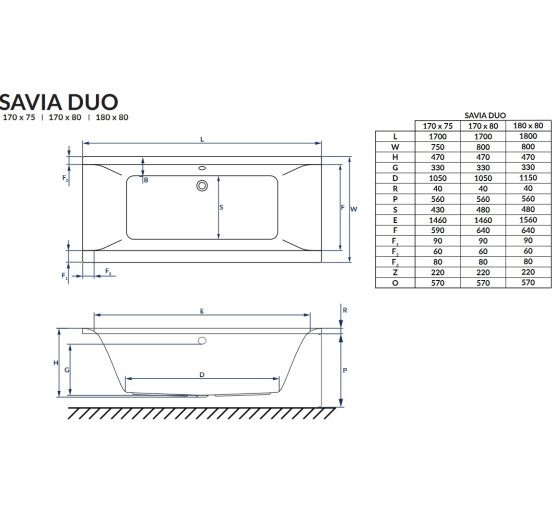 Ванна акрилова прямокутна 1700x750 Excellent Savia Duo