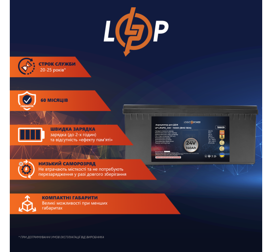 Аккумулятор LP LiFePO4 24V (25,6V) - 140 Ah (3584Wh) (BMS 150A) пластик