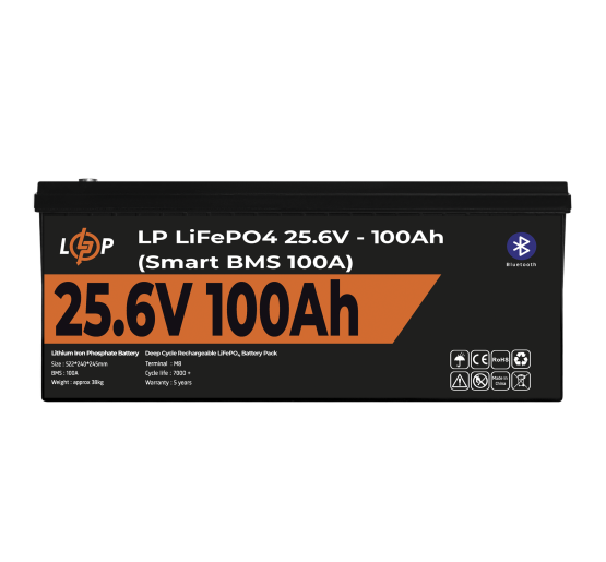 Аккумулятор LP LiFePO4 24V (25,6V) - 100 Ah (2560Wh) (Smart BMS 100А) с BT пластик для ИБП