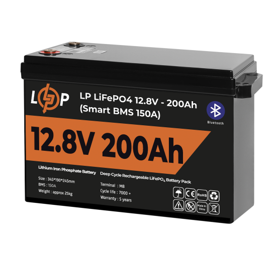 Аккумулятор LP LiFePO4 12V (12,8V) - 200 Ah (2560Wh) (Smart BMS 100А) с BT пластик для ИБП