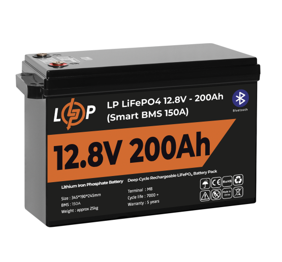 Аккумулятор LP LiFePO4 12V (12,8V) - 200 Ah (2560Wh) (Smart BMS 100А) с BT пластик для ИБП