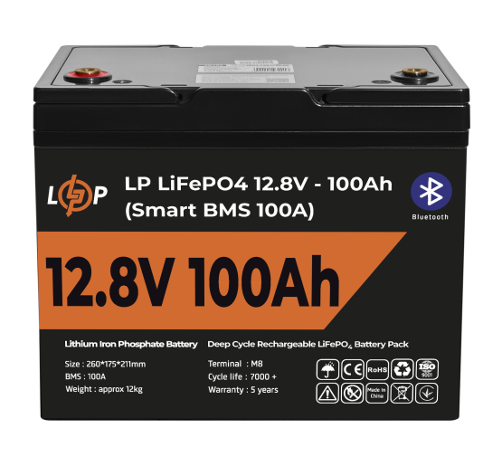 Аккумулятор LP LiFePO4 12V (12,8V) - 100 Ah (1280Wh) (Smart BMS 100А) с BT пластик для ИБП