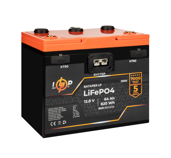 Акумулятор LP LiFePO4 12,8V - 64 Ah (820Wh) (BMS 80A/40А) пластик 2XT90 4USB стартер