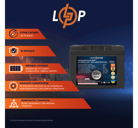 Акумулятор LP LiFePO4 12V (12,8V) - 50 Ah (640Wh) (BMS 80A/40A) пластик для ИБП