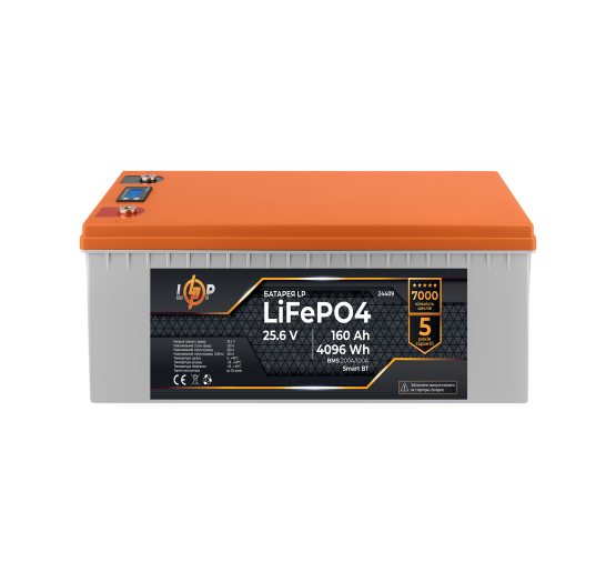 Акумулятор LP LiFePO4 25,6V - 160 Ah (4096Wh) (BMS 200A/100А) пластик LCD Smart BT