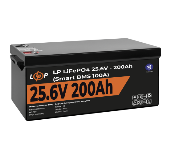 Акумулятор LP LiFePO4 24V (25,6V) - 200 Ah (5120Wh) (Smart BMS 100А) з BT пластик для ДБЖ